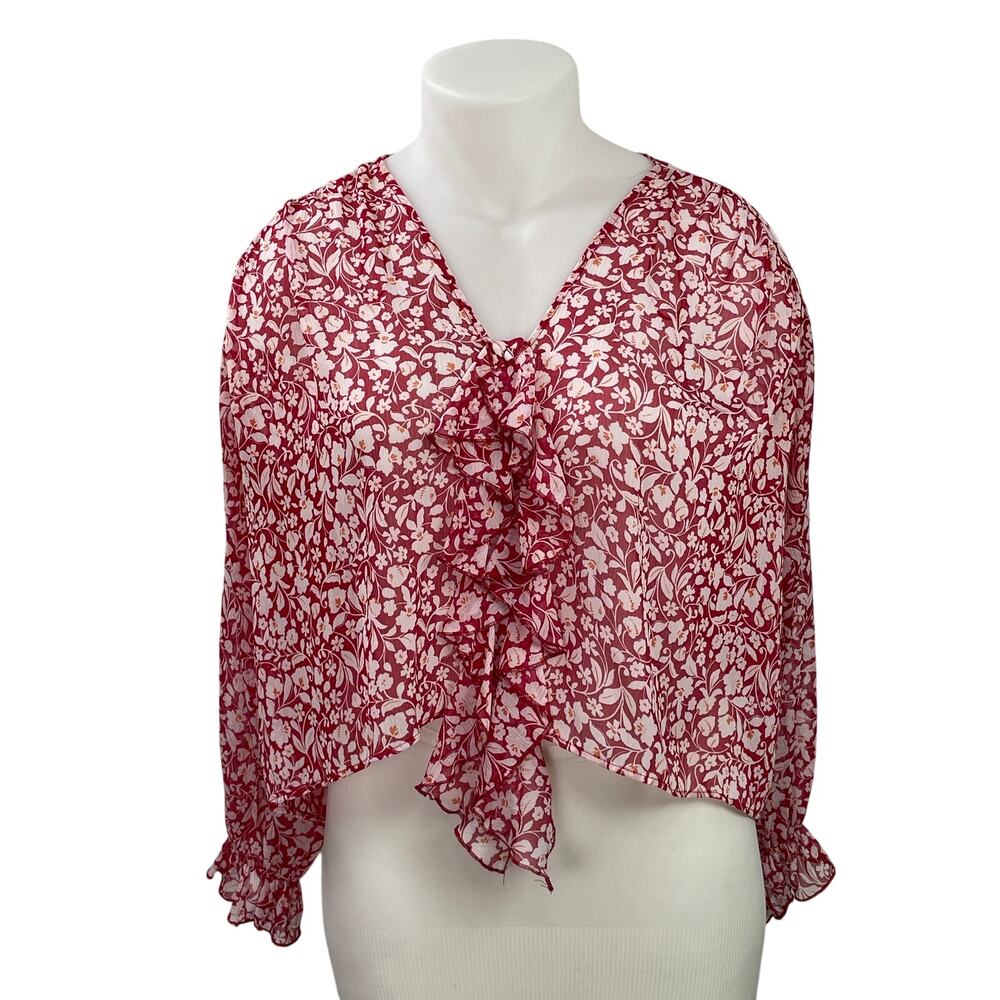Zara Women's Red White Long Sleeves Floral Ruffles Sheer Crop Blouse Top Sz XL